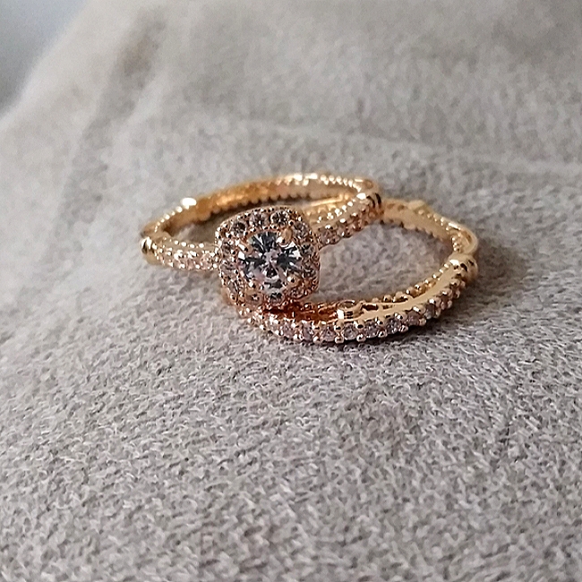 2 Pc 14k Gold Finish Over Brass Fancy Art Deco Princess Diamond Ring Set Size 9